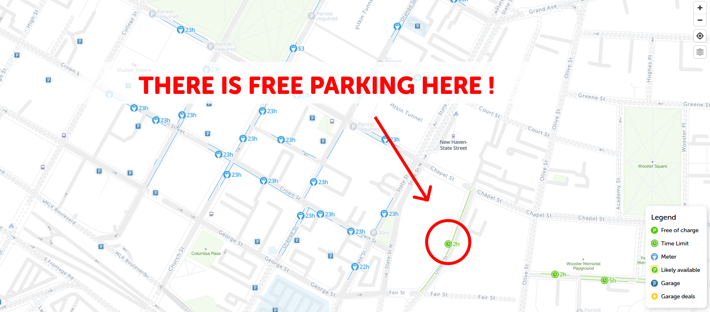 map of free parking in New Haven - SpotAngels